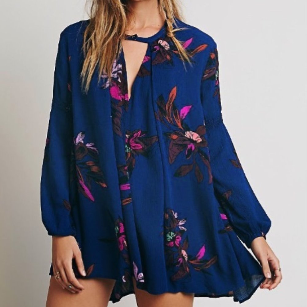 Free People Navy Floral Tunic with Pink & Purple Accents